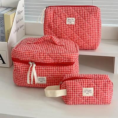 Women Large Capacity Checkered Cosmetic Bag Girls Cotton  Skincare Brushes Storage Bag Portable Travel Toiletry Bag Makeup Bag