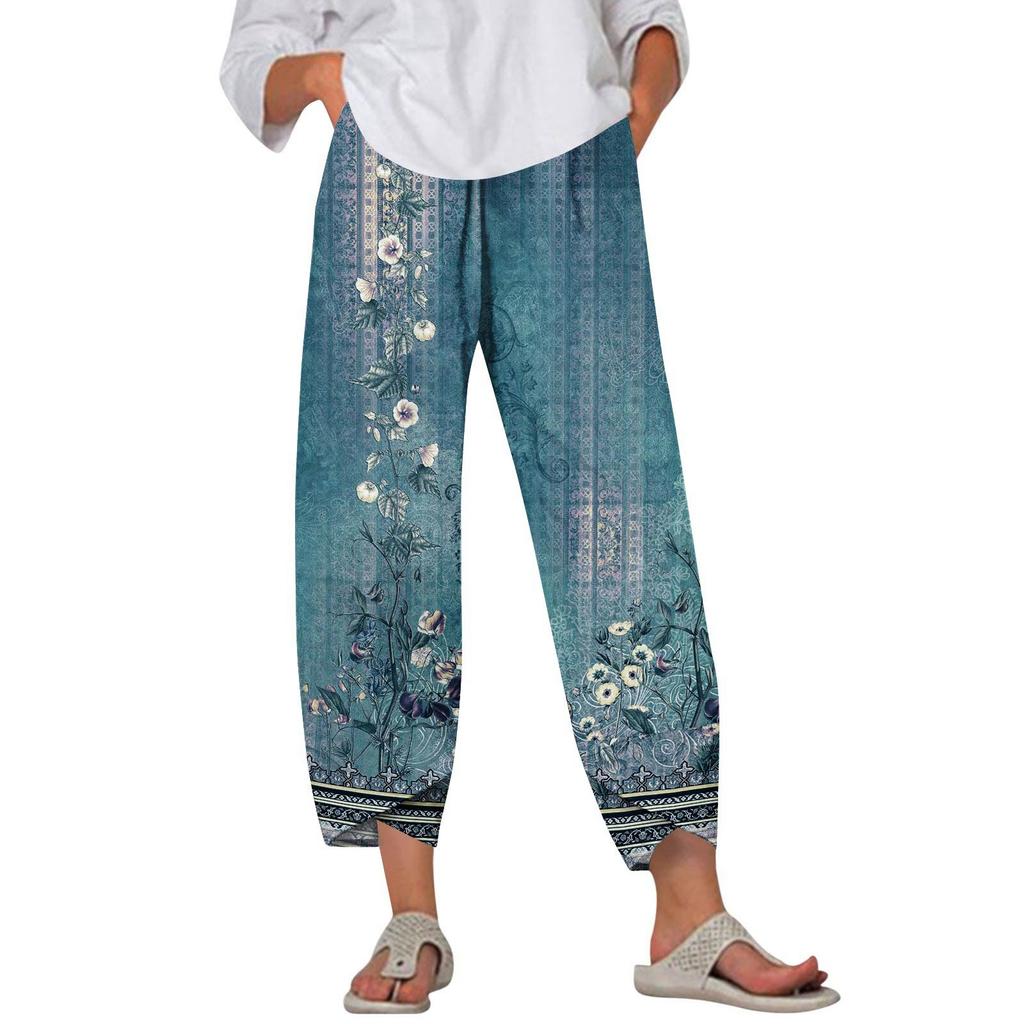 Pants For Women Summer Casual Wide Leg Elastic Waist Print Pants With Pockets