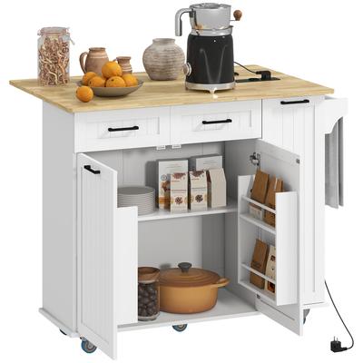 Isola Cucina Mobile con Presa di Corrente e Porta USB, Piano Abbattibile, Ripiano Regolabile, Bianco