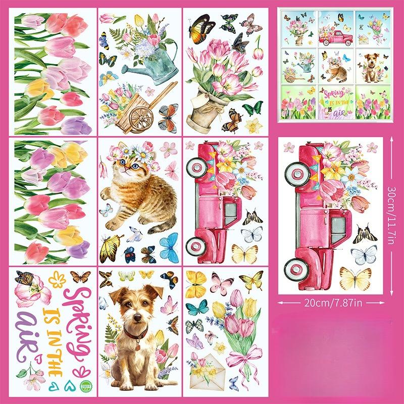 Cartoon Cute Spring Flowers Indoor Bedroom Living Room Background Wall Decoration PVC Electrostatic Stickers Window Glass Stickers