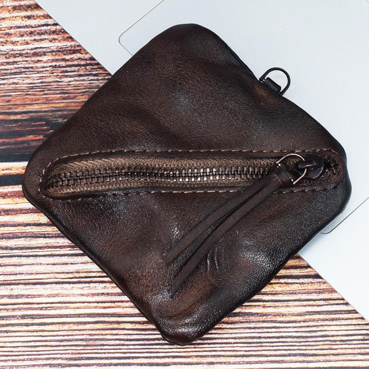 Première Couche Cuir de Vachette, Cuir Tanné Végétal, Fermeture Éclair Simple et Créative, Porte-Monnaie, Coloration Faite à la Main, Mini Sac Vintage