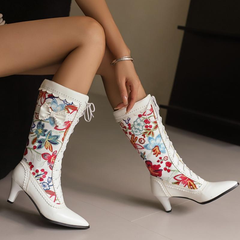 Autumn Winter Mid-calf Boots Women Fashion Flower White Black Boot Elegant Lace-up Low Heels Party Shoes for Girls Big Size 45