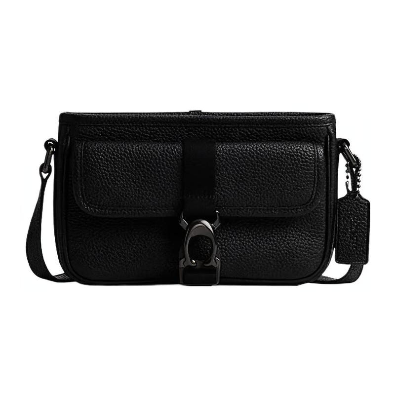 

COACH Beck 21 solid color embossed nameplate zipper closure cow leather shoulder crossbody bag small men s black чорний