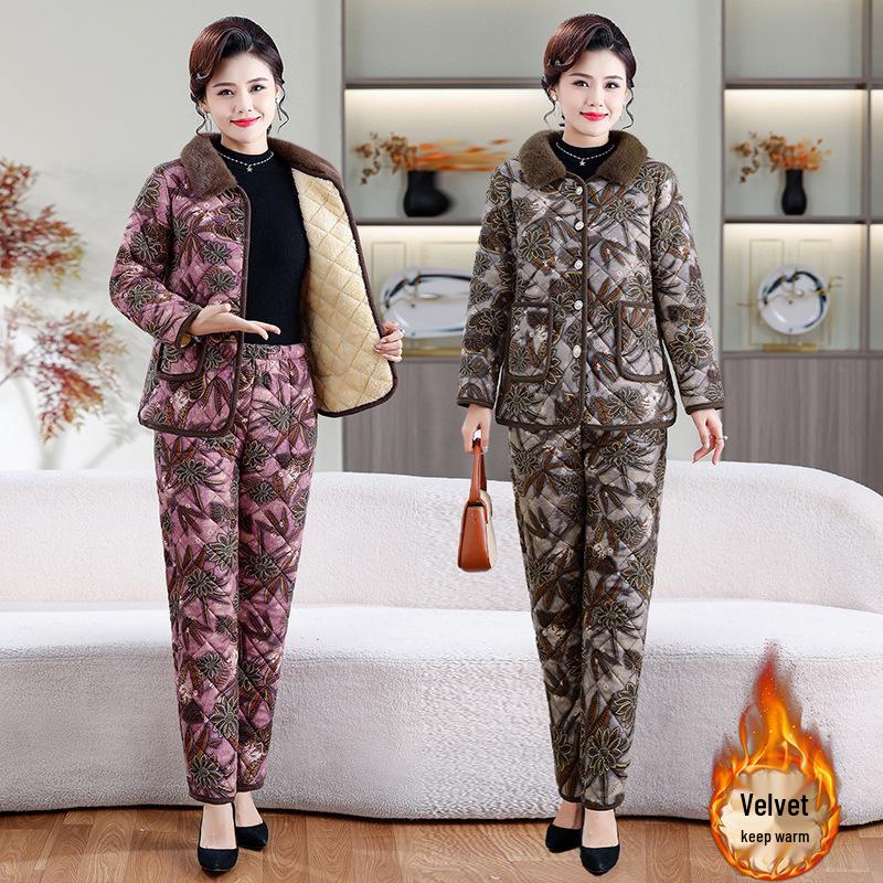 Chic Winter Cotton Outfit: Velvet-Lined Jacket & Pants Set for Middle-Aged and Elderly Women