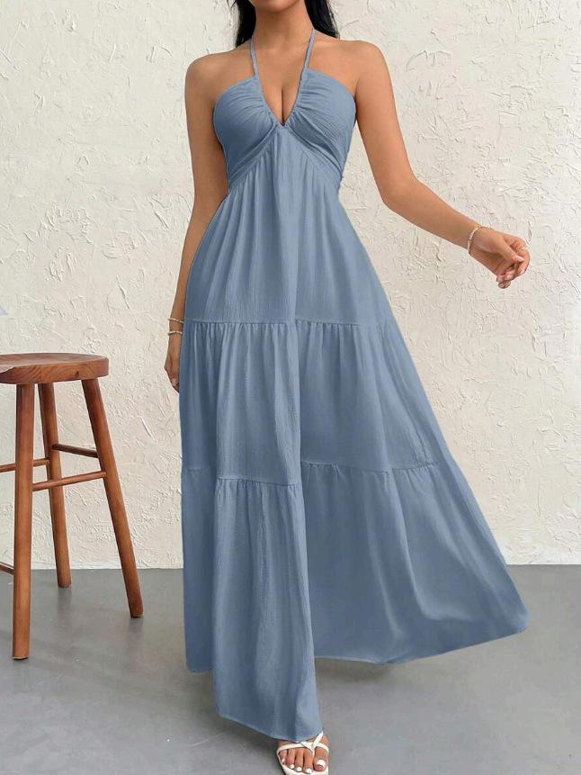 European and American Summer New Splicing French Skirt Sexy V-neck Seaside Vacation Suspender Dress Women