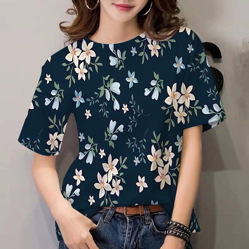 Fashion European and American Women's T-shirt Plant Flower Pattern 3D Printing Casual Women's Round Neck Short Sleeve Top