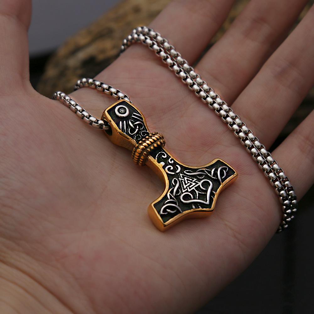 Viking Raytheon Hammer Triangle Rune Titanium Steel Pendant Retro Simple Men's Stainless Steel Necklace