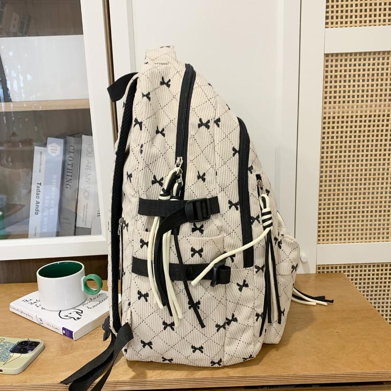 Bow Print Corduroy Backpack Casual Fashion Daily Bag Large Capacity School Bag for Students Minimalist Design Commute Travel with Tassel Accents