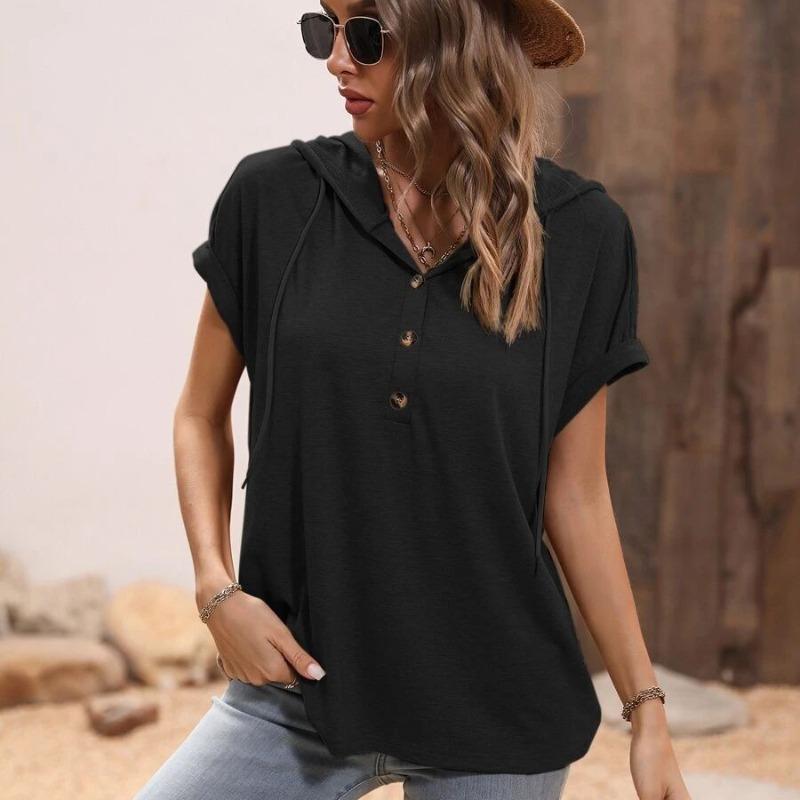 Summer 2025 Short Sleeve Loose Hooded T-shirt Women Elegant Button V Neck Slim Fit Casual T Shirt Woman Fashion Solid Simple Drawstring Lady Tee 26480