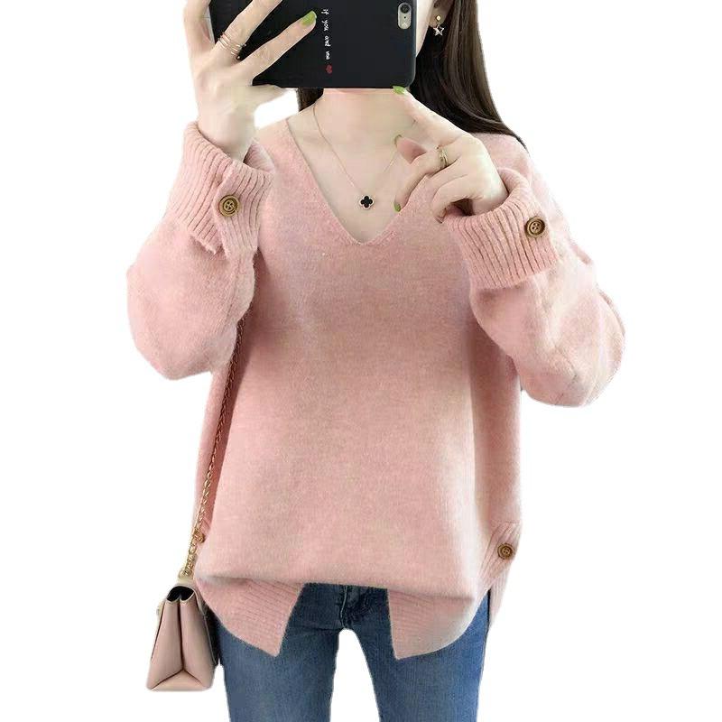 Autumn and Winter Women's V-neck Knitted Sweater Loose Button Solid Color Sweater for Women
