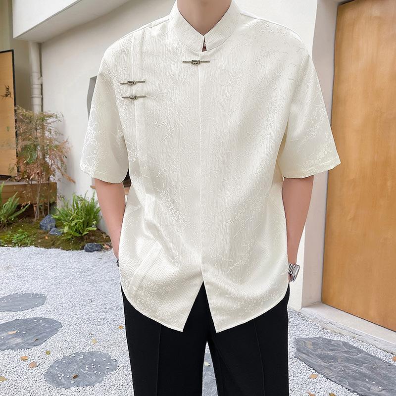 Summer New Chinese Style Jacquard Short Sleeved Shirt Men's New Loose Chinese Style Stand Up Collar Shirt