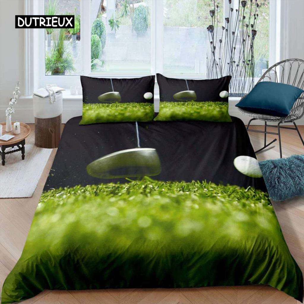 Golf Duvet Cover Set Golf Club Athlete Twin Bedding Set Microfiber Grass Leaf Branches Sports Game Theme Double King Quilt Cover