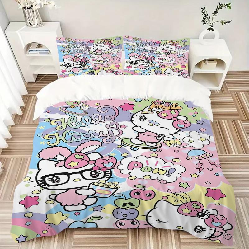 3pcs Colorful Hello Kitty Printed Bedding Set, Soft and Comfortable Quilt Cover for Bedroom, Guest Room (Not Included).W019