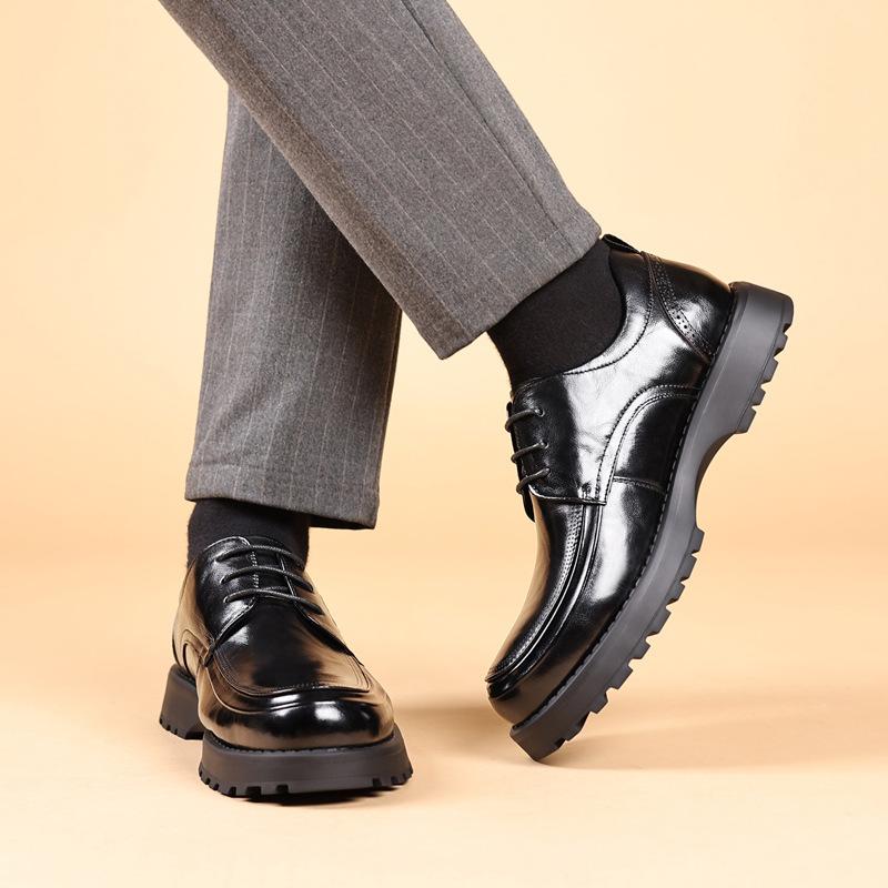 Layer Cowhide New Men's Business Casual Leather Shoes Lightweight Thick Soled Height Increasing Men's Shoes Fashionable Leather Single Shoes for Men