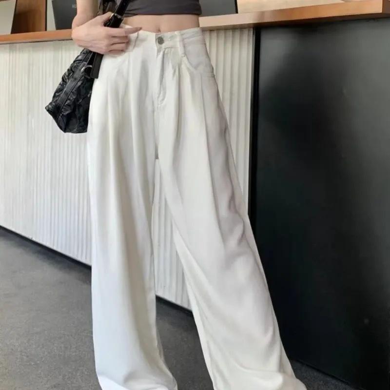 Nya Vita Högmidjade Veckade Vida Ben Jeans för Kvinnor i Större Storlekar - Vår/Sommar Smickrande Lösa Hängande Raka Ben Byxor