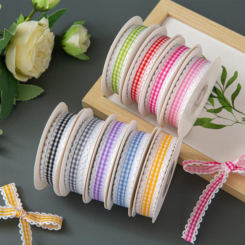 10 Yards für Schleifen Haarschmuck Geschenkverpackung 1,5cm Blumenstrauß DIY Basteln Candy-Wave Gingham-Band Karostoff