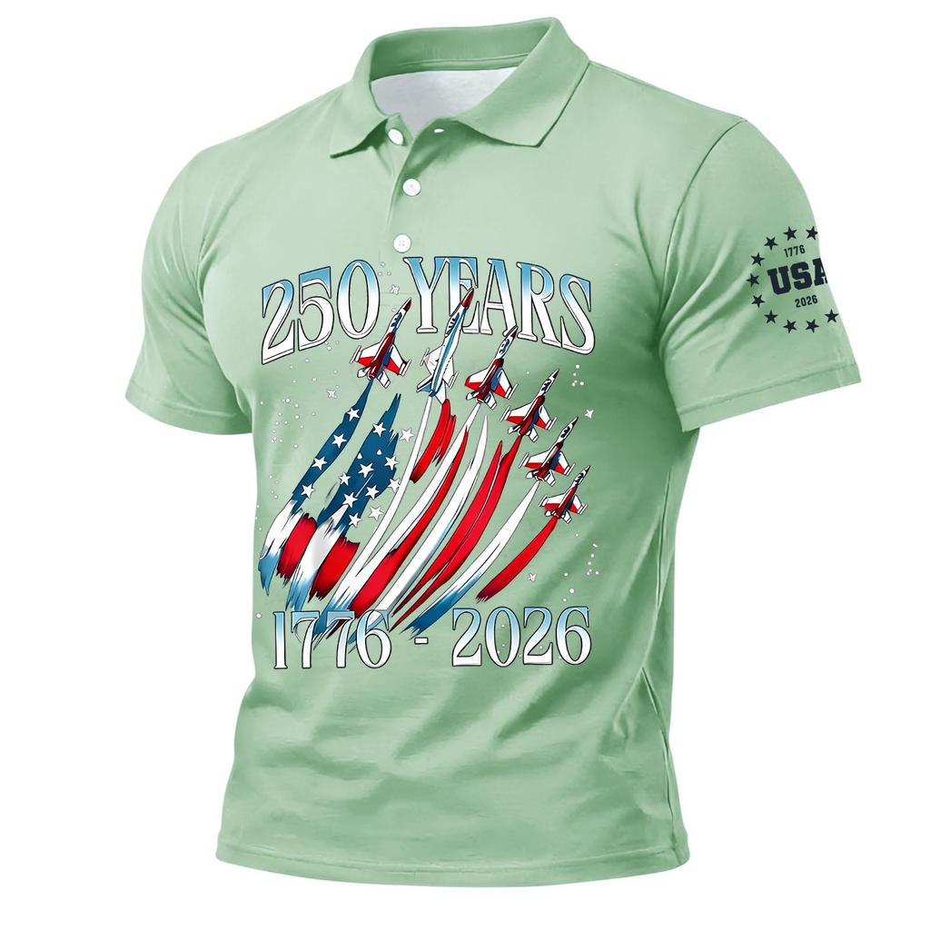 Men's Polo Shirt Short Sleeve 250 Years 1776 2026 Printed USA Flag Aircraft Graphic Casual Top