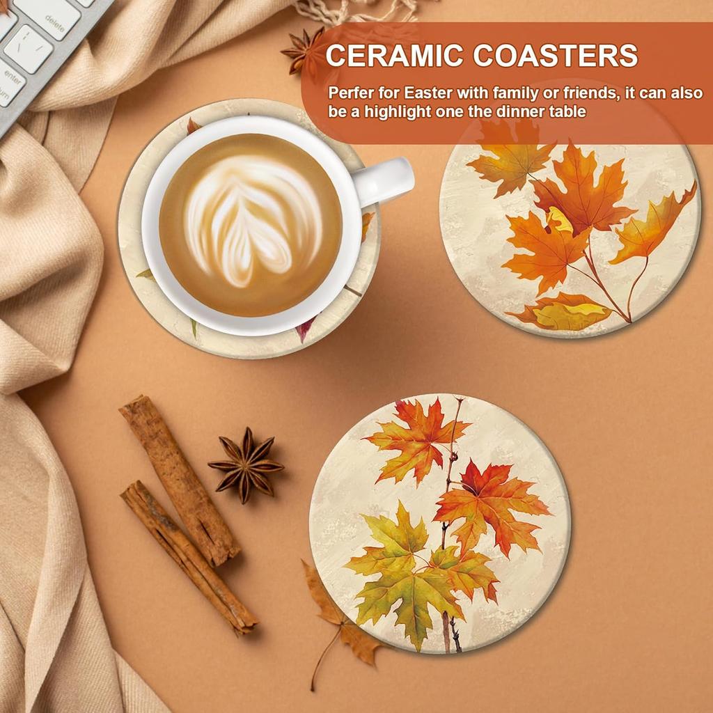 4Pcs Fall Thanksgiving Coasters Vintage Autumn Leaves Ceramic Coasters Absorbent Harvest Cup Mat for Mugs Cups Home Kitchen Office Party Table Decor