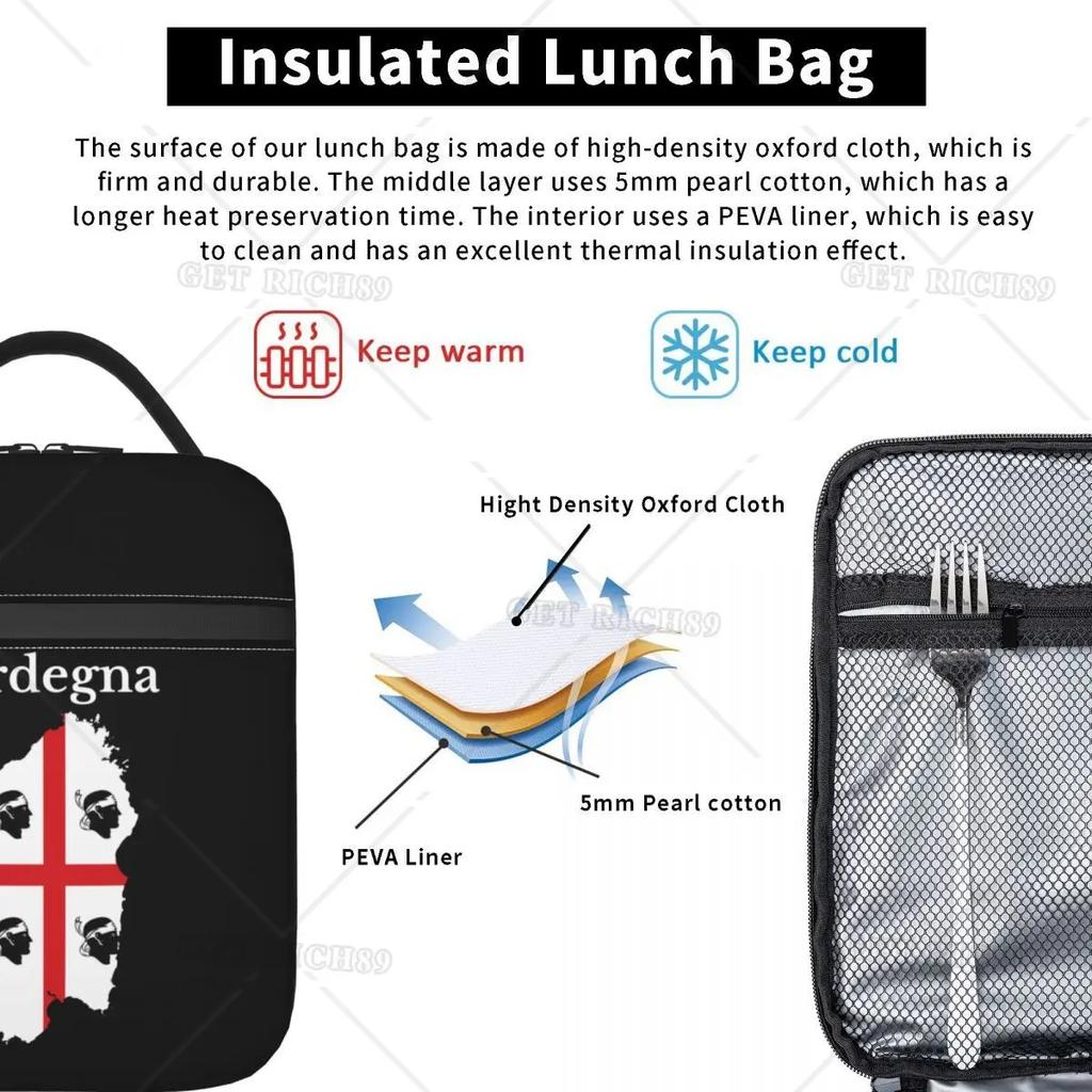 Sardinská vlajka Mapa Termoizolační obědová taška pro ženy Itálie Vlajka Italia Opakovaně použitelná obědová taška pro děti do školy Skladování Krabička na jídlo