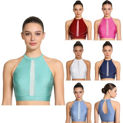 S-XXL Women Glittery Rhinestones Sleeveless Back Hollow Out Crop Top for Lyrical Modern Belly Dance Stage Performance
