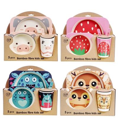 Children Dishes Set Baby Feeding Bowl Bamboo Tableware Bamboo Fiber Fork Cup Bowl Spoon Plate Animal Cartoon Baby Plate