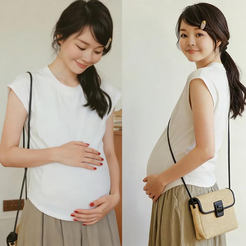 

Customized Summer Sleeveless Ruffle Maternity T-shirt: Breathable, Loose, Belly Covering, Slimming, Trendy Top S (approx. 35-42.5 kg)