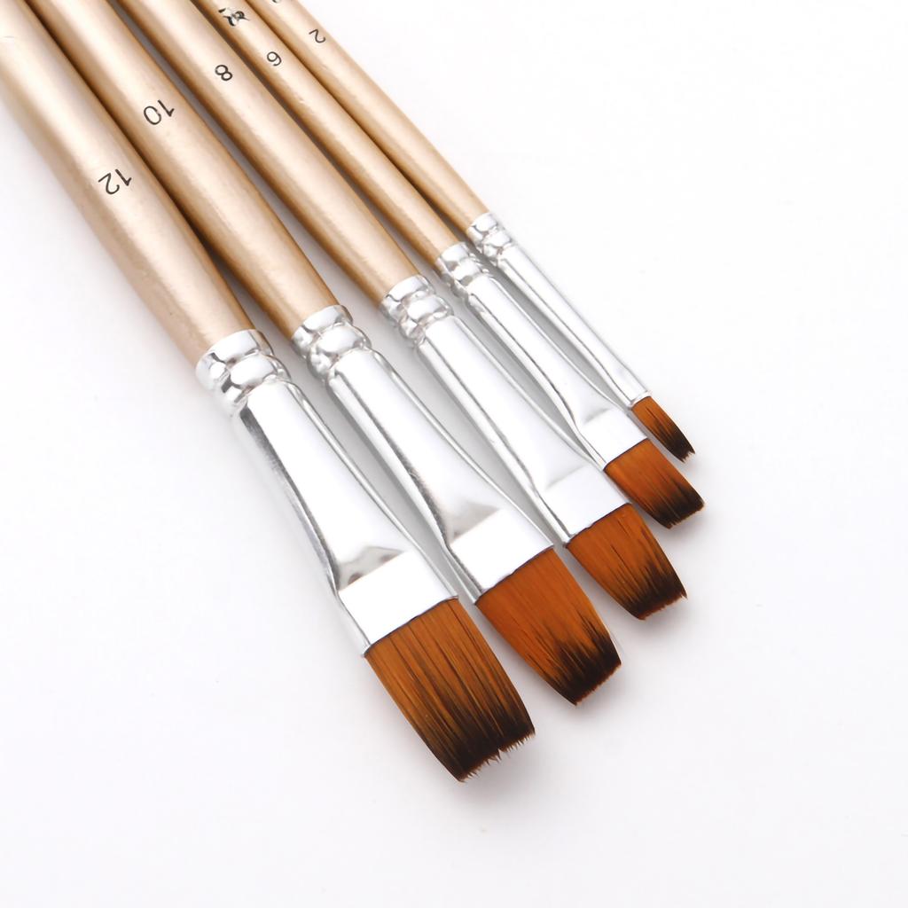 5pcs Flat Tip Paint Brushes Set Nylon Hair Wooden Handle Artists Paintbrushes for Children Adults Beginners for Acrylic Oil Watercolor Gouache Nail