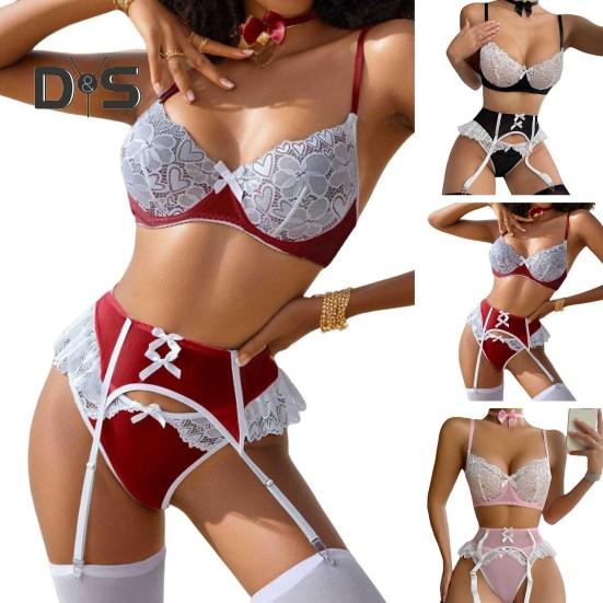 4 ks/sada Dámské spodní prádlo Set obsahuje punčochy a mašličkový límec Push-up podprsenka Nastavitelný popruh Vysoký pas Podvazkový krajkový set kalhotek Sada výšivek pro hotely