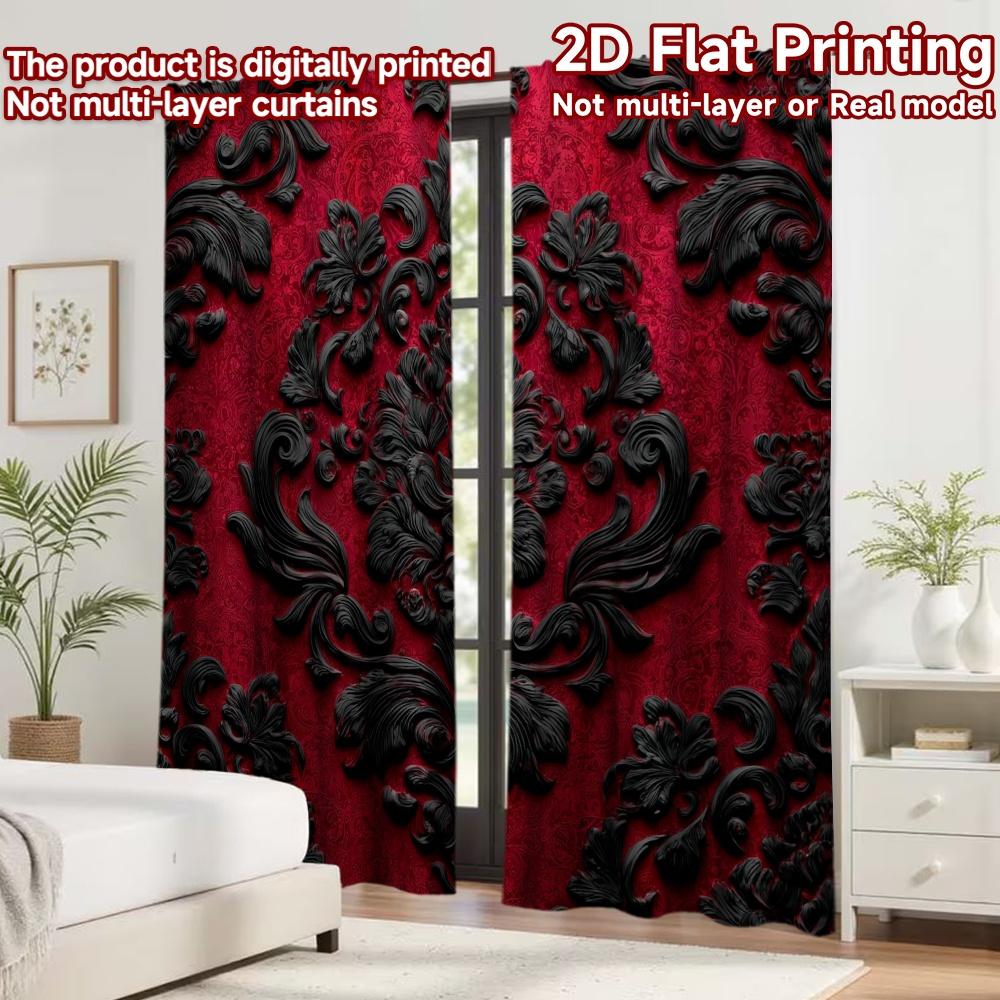 2D Flat Printing 2pcs Curtain Drapes Gothic Red Floral Design Digital Printed Polyester Drapes All Season Party & Holiday Decor