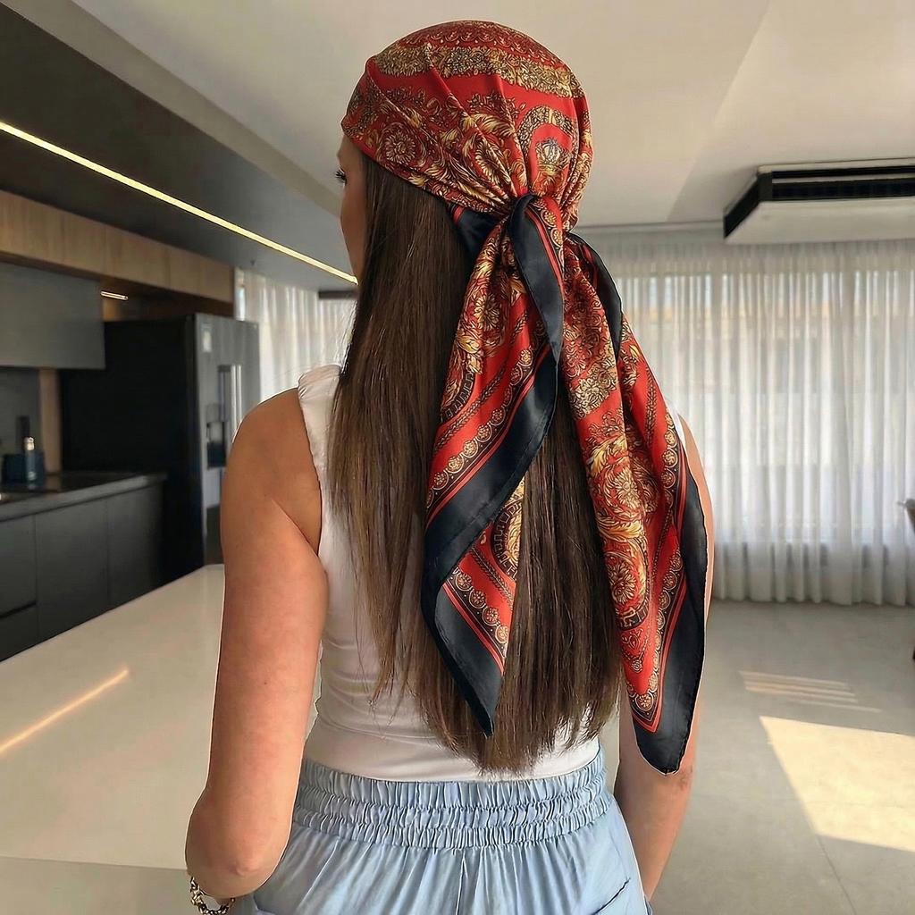 Satin Square Scarf Women Muslim Hijab Elegant Print Silk Neckerchief Shawl Wraps Headband Handle Hair Accessories Bandana