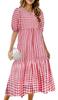 Nibunnoichi Style One Tiered Gingham Check Floral Short Puff [1/2style] Piece, Print, Sleeve, Sleeve, A-Line, Long, Women's (Red Check, M)