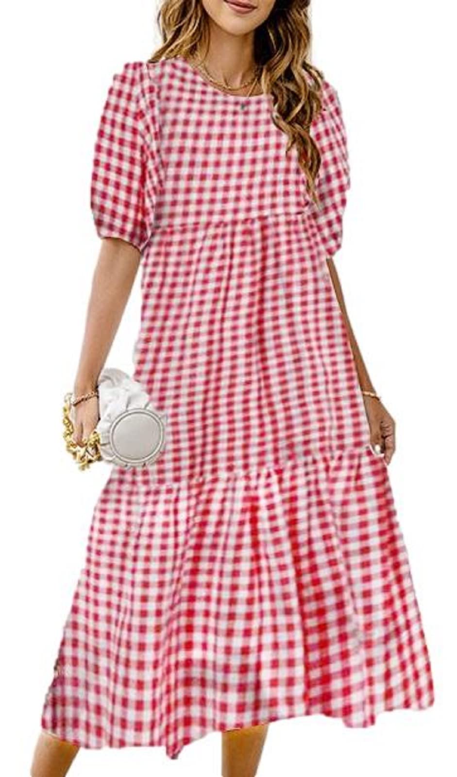 

Nibunnoichi Style Одноярусное платье в клетку гингем с цветочным принтом, с короткими пышными рукавами, А-силуэта, длинное, женское (Красная клетка, M)