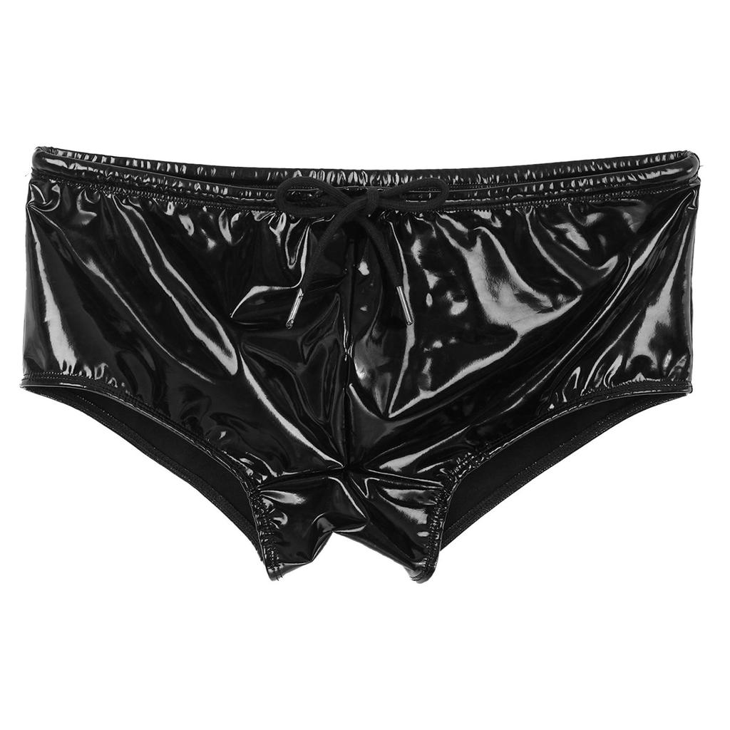 Patent Leather Boxer Men Lingerie Wet Look Panties Trunks Low Rise Sheath Fitness Drawstring Underwear Shorts Party Clubwear New
