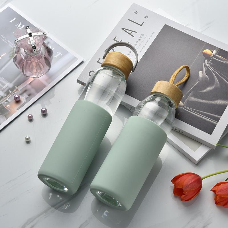 Single-Layer Glass Bottle Large-Capacity Bamboo Cover Retro Glass Thermal Insulation Portable Handle Outdoor Water Cup