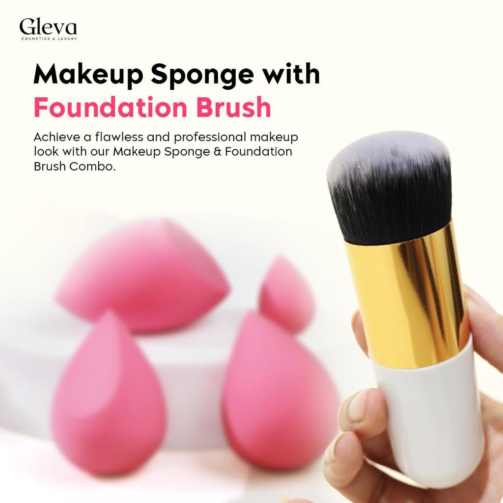 Gleva Powder Foundation Brush & 2Pcs Makeup Blender Combo Set, Premium Flat Top Kabuki Brush for Liquid & Cream Makeup with Professional Make Up Sp