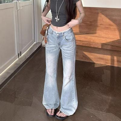 Retro Jeans mit Spitzensaum für Damen, Hüftjeans, gerade, lässig, Mikroschlaghose, Ins Petite Hose, Jeans für Damen, lange Jeans