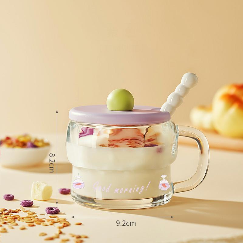 Breakfast Cup with Lid Spoon Milk Cup Handle Oat Cup Transparent Cup Glass Milk Yogurt Cup for Kitchen Bowl Portable Cereal Jar