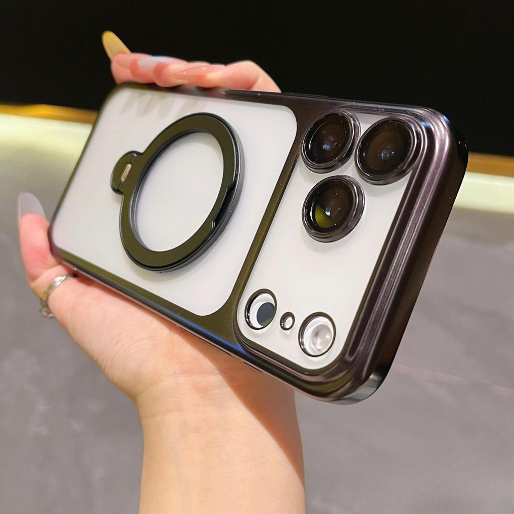 Frosted Electroplated Magnetic Phone Case with Rotating Stand & Lens Protector for iPhone 17 Pro Max