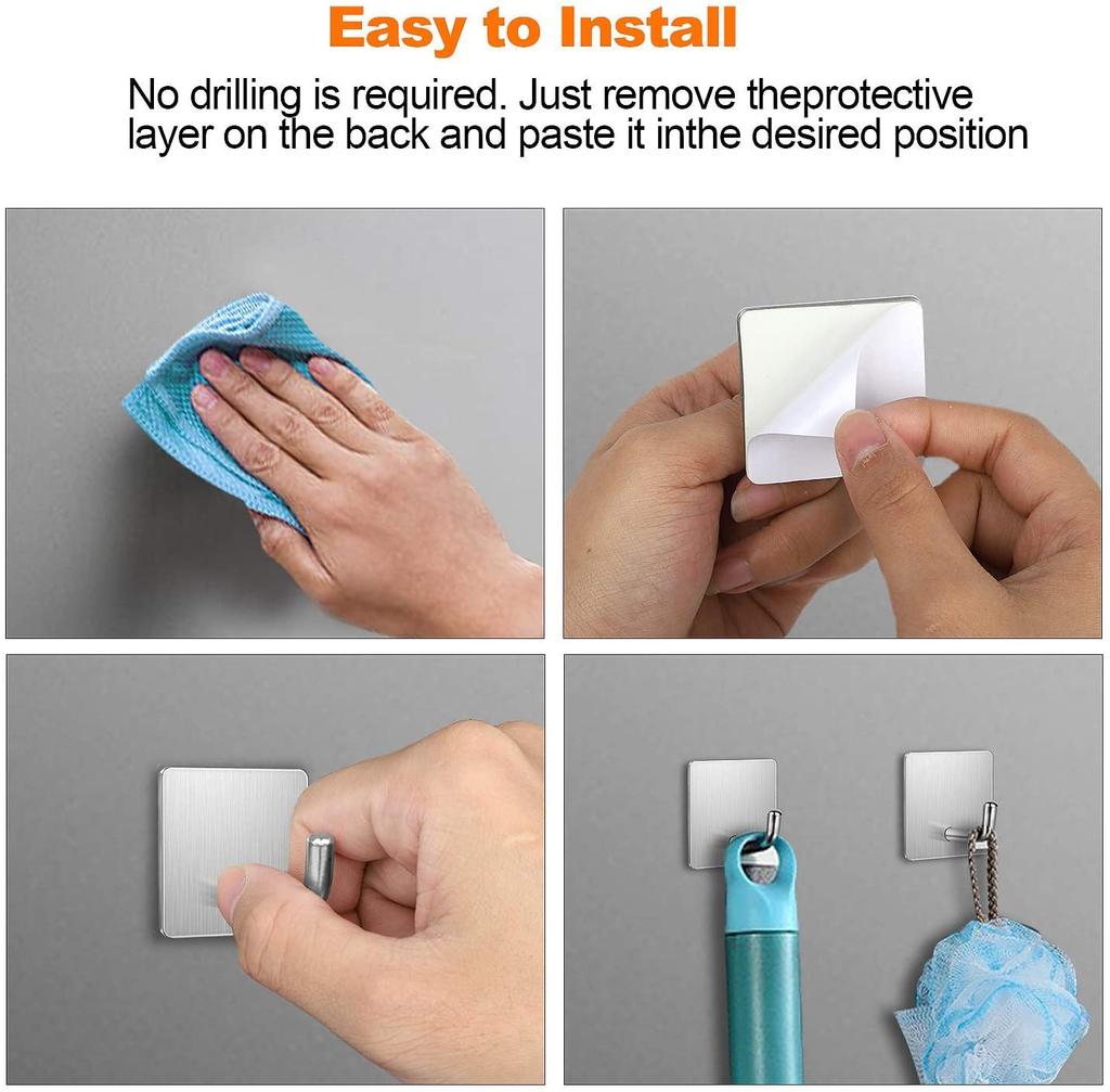 Adhesive Hooks Heavy Duty Stick on Wall Towel Hooks Waterproof Stainless Steel Adhesive Door Hook