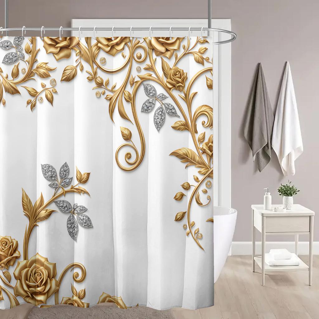 Elegant Gold and White Floral Waterproof Shower Curtain – Perfect for Adding a Luxurious and StylishTouch toYour Bathroom Decor