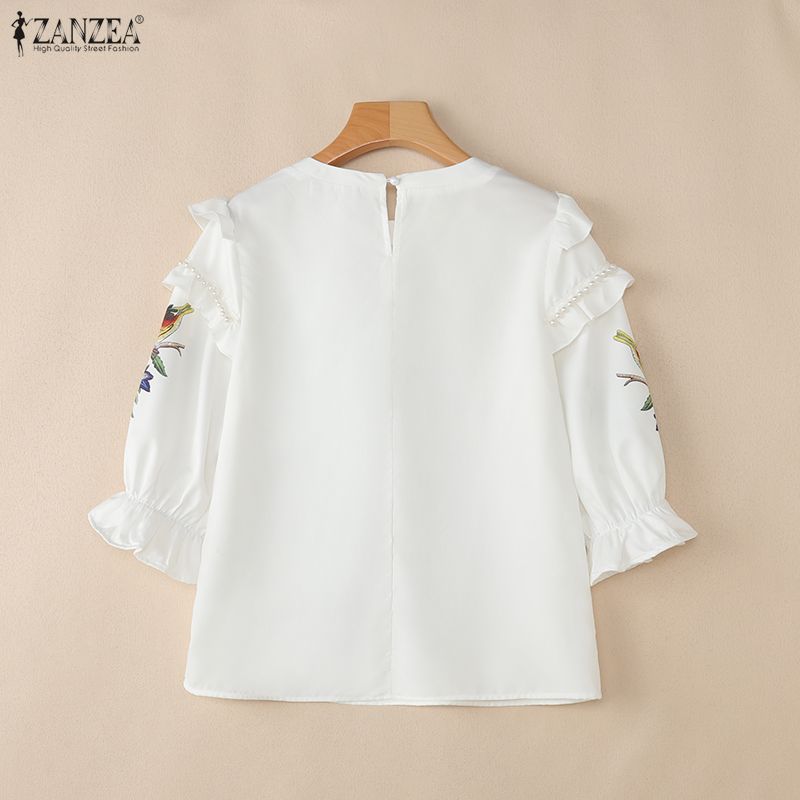 ZANZEA Women Casual Round Neck Loose Print 3/4 Sleeve Blouse