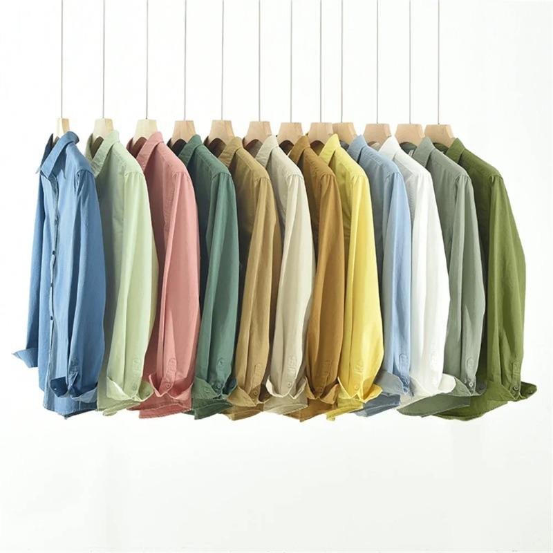 Camicia da Uomo a Manica Lunga Regular Colore Uniforme Camicia per Giovani Lavoro Autunno Abbigliamento da Uomo Camicie Casual Larghe