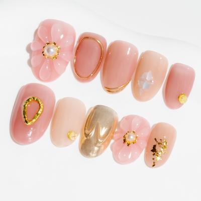 Nails Handmade Nail and Pink and Gold Heart False Pack of 10 Sun&Beam Tips, Medium, Long, Oval, Round, Short, Glitter, Popular, 3D, Stylish, Cute,