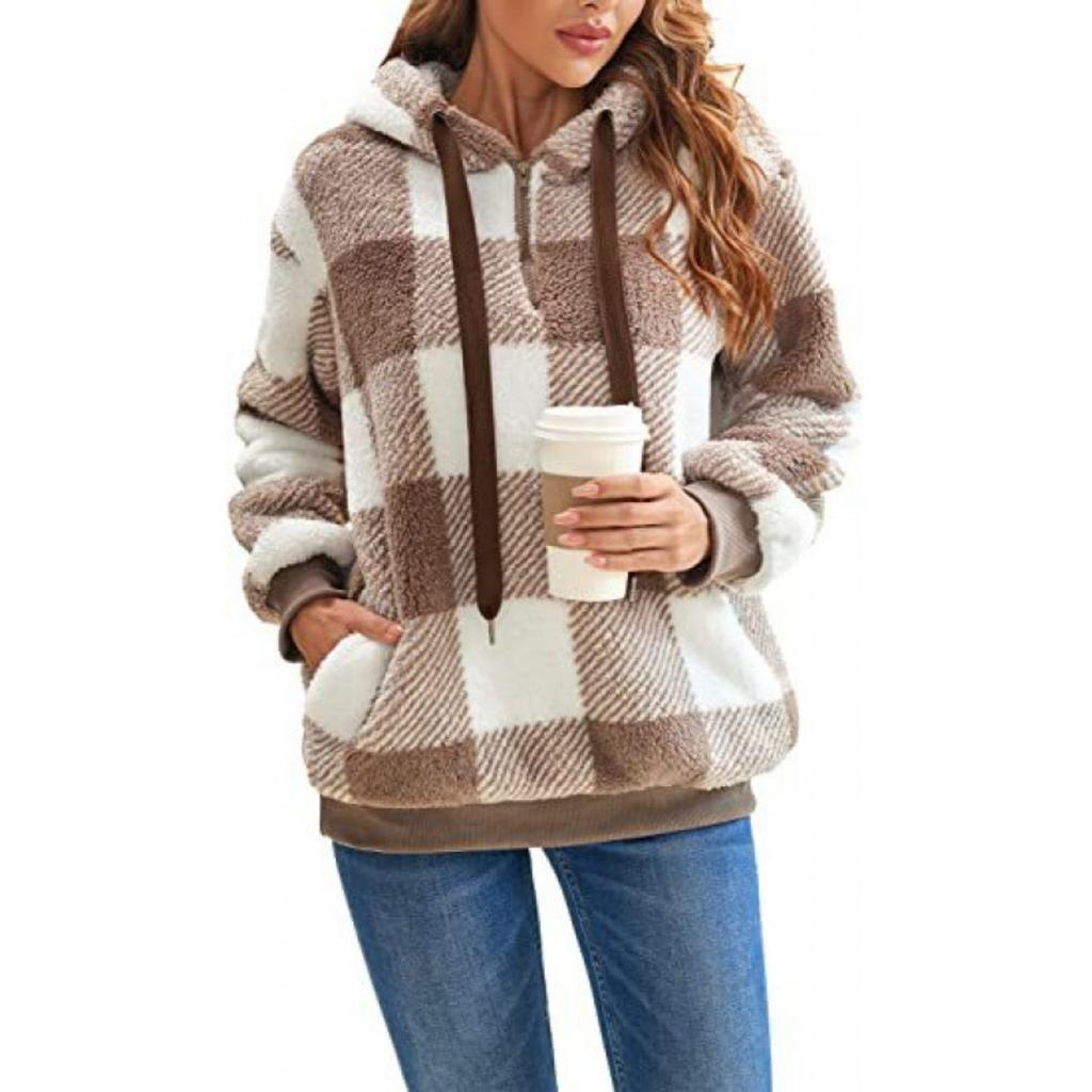 Plush Jacket Long Sleeved Hooded Plaid Plush, Women's Hoodie Jacket
