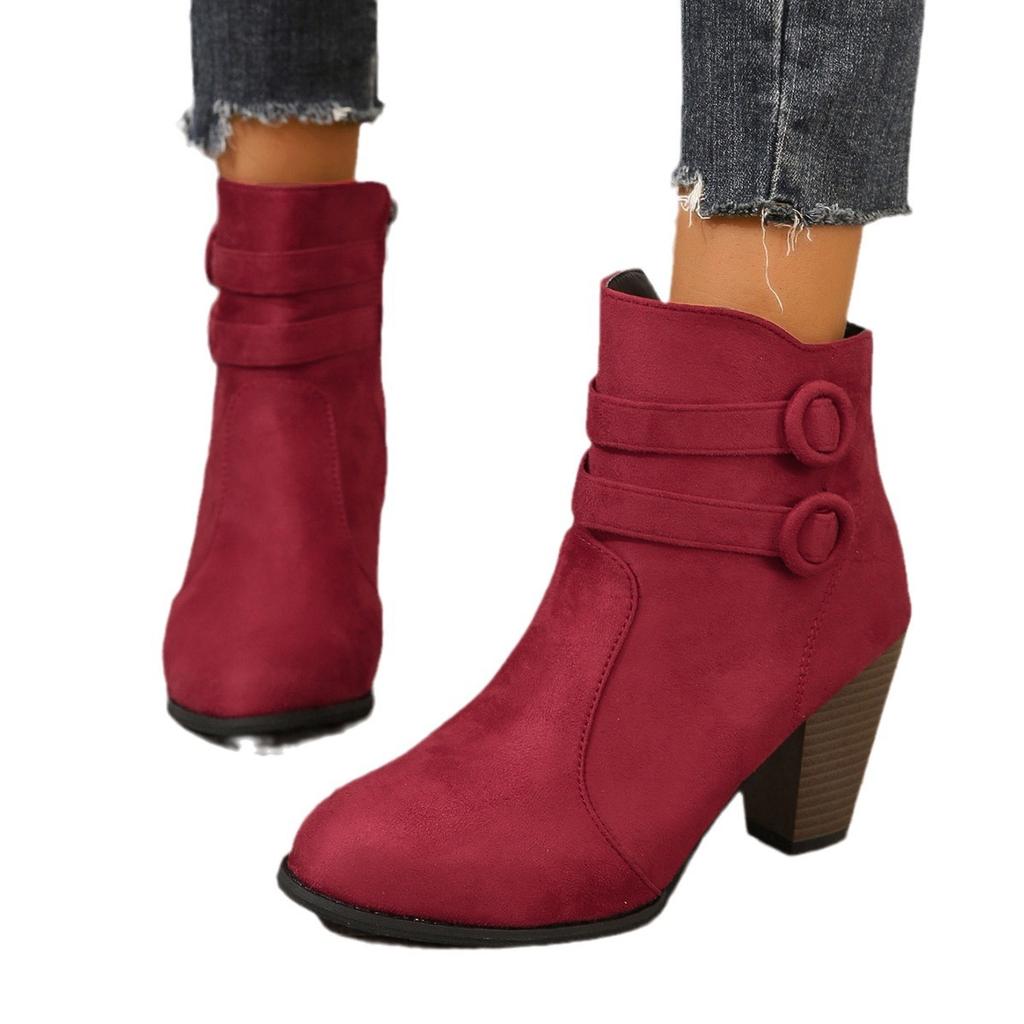 Large Size Women's Shoes Thick Heel Short Boots Autumn and Winter Belt Buckle High Heel Bare Boots Side Zipper Martin Boots Women