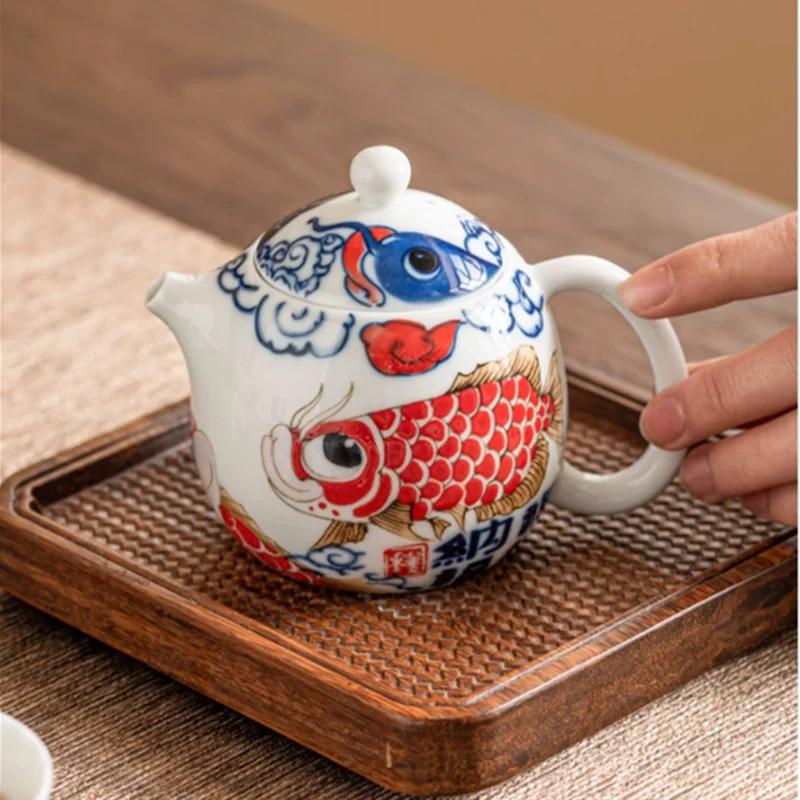 140ml Chinese Handmade Ceramic Teapot Dragon Egg Tea Pot Beauty Tea Infuser Hand-painted Fish Kettle Porcelain Tea Set Teaware