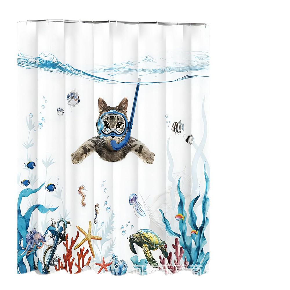 Blue-Green Cartoon Marine Life & Cat Pattern Shower Curtain - Polyester, All-Season Use
