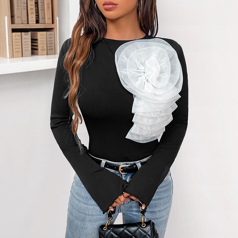 2025 Neues Süßer Stil Design Dreidimensionale Blumendekoration Schwarzer Langarm-Jumpsuit