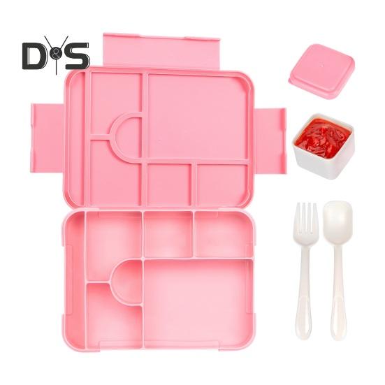 Bento lunsjboks lekkasjesikker 6-roms lunsjboks med skjegaffel sauskopp BPA-fri matbeholder for skolesnackbeholder