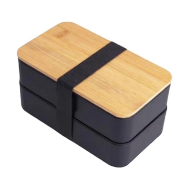 Mikrowellengeeigneter japanischer Lebensmittelbehälter, geräumige doppelstöckige Kunststoff-Bento-Lunchbox mit Besteck und Bambusdeckel